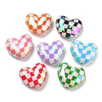 UV Plating Opaque Acrylic Beads, Iridescent, Plaid Heart, Mixed Color, 21x25x9.5mm, Hole: 2.2mm