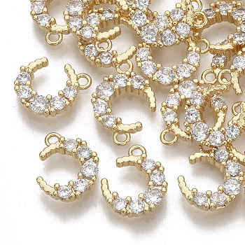 Brass Micro Pave Cubic Zirconia Charms, Nickel Free, Moon, Clear, Real 18K Gold Plated, 12x10x2.5mm, Hole: 1.2mm