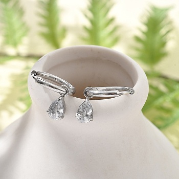 304 Stainless Steel Micro Pave Cubic Zirconia Hoop Earrings, Teardrop, Stainless Steel Color, 21mm, Pin: 0.8mm