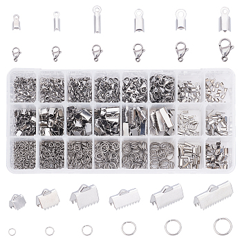 Unicraftale 1410Pcs Stainless Steel Findings Kits for DITY Jewelry Making, Including Lobster Claw Clasps & Jump Rings & Fold Over Crimp Cord Ends & Ribbon Crimp Ends, Stainless Steel Color