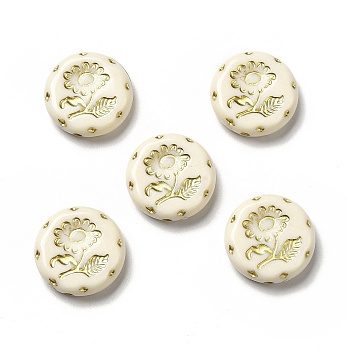 Opaque Acrylic Beads, Golden Metal Enlaced, Flat Round with Flower, Old Lace, 18x4mm, Hole: 1.6mm, about 399pcs/500g