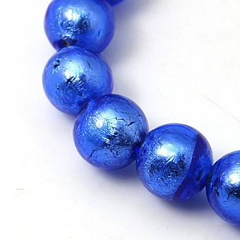 Handmade Silver Foil Glass Beads Strands, Round, Blue, 10mm, Hole: 2mm