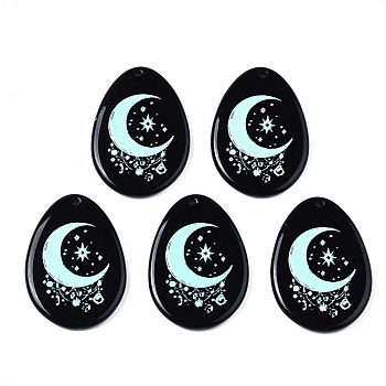 Acrylic Pendants, Teardrop & Moon, Pale Turquoise, 29x21x3mm, Hole: 1.4mm