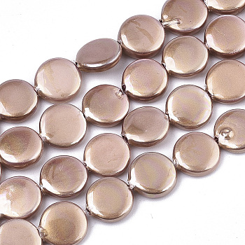 Spray Painted Shell Pearl Beads Strands, Flat Round, Dark Salmon, 8x3mm, Hole: 0.8mm, about 44pcs/strand, 14.37 inch(36.5cm)