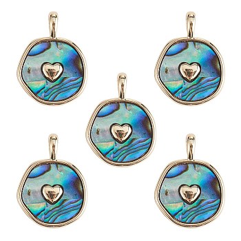 5Pcs Natural Abalone Shell/Paua Shell Pendants, with Real 18K Gold Plated Brass Findings, Cadmium Free & Lead Free, Long-Lasting Plated, Flat Round Charm, Heart Pattern, 18x13.5x2mm, Hole: 2x3mm