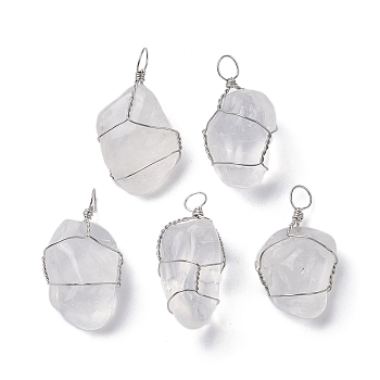 Natural Quartz Crystal Copper Wire Wrapped Pendants, Rock Crystal Nuggets Charms, Platinum, 29.5~37x14~22x9.5~17.5mm, Hole: 2.2mm