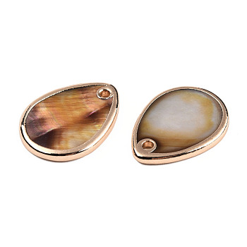 Dyed Natural Freshwater Shell Pendants, with Light Gold Plated Brass Edge, Teardrop Charm, Camel, 20~21x15~16x1.5~2.5mm, Hole: 1.6mm
