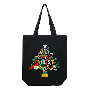 DIY Christmas Tree Pattern Black Canvas Tote Bag Embroidery Kit, including Embroidery Needles & Thread, Cotton Fabric, Plastic Embroidery Hoop, Colorful, 390x340x100mm