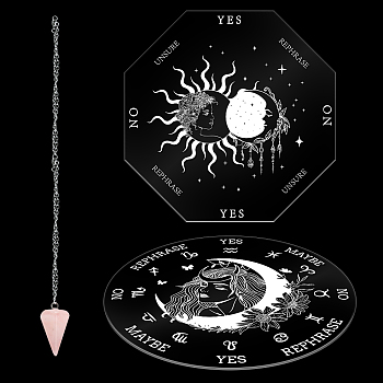DIY Pendulum Board Dowsing Divination Making Kit, Including Natural Rose Quartz Cone Pendants, 304 Stainless Steel Cable Chain Necklaces, Acrylic Pendulum Board, Moon Pattern, 4Pcs/set