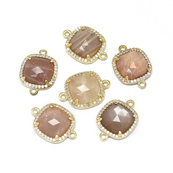 Natural Sunstone Links connectors, with Golden Tone Brass Findings and Cubic Zirconia, Faceted, Square, Clear, 18.5~19x13.5x4.5mm, Hole: 1.6mm