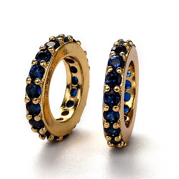 Brass Micro Pave Cubic Zirconia European Beads, Long-Lasting Plated, Real 18K Gold Plated, Large Hole Beads, Ring, Blue, 10x1.8mm, Hole: 6mm