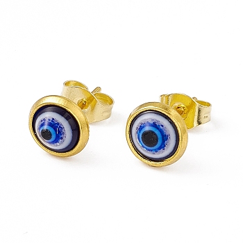 Resin Evil Eye Stud Earrings, Golden 304 Stainless Steel Jewelry for Women, Blue, 7.5mm, Pin: 0.8mm