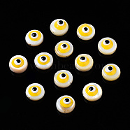 Natural Freshwater Shell Beads, with Enamel, Flat Round with Evil Eye, Yellow, 6x3~4mm, Hole: 0.8mm(SHEL-N003-16F)