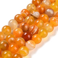 Natural Striped Agate/Banded Agate Beads Strands, Dyed, Round, Orange, 10mm, Hole: 1.2mm, about 19pcs/strand, 7.60''(19.3cm)(G-Z060-A01-C25)