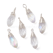 Transparent Glass Pendant, with Brass Wire Wrap Findings, Faceted Teardrop Charms, Clear, 17x6mm, Hole: 2mm(PALLOY-JF02259)