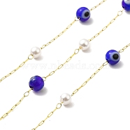Ion Plating(IP) 316 Surgical Stainless Steel Paperclip Chains, Evil Eye and Glass Pearl Beaded Chain, Soldered, with Spool, Real 18K Gold Plated, Link: 3x1x0.3mm, Round: 3mm, Evil Eye: 4mm(CHS-I019-06G)