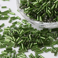 Silver Lined Glass Bugle Beads, Round Hole, Green, 6~7x1.5~2mm, Hole: 0.5mm, about 12500pcs/bag(SEED-K001-A01-1)