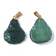 Natural Agate Pendants, with Golden Plated Metal(Brass or Iron Materials Random Delivery) Snap On Bails, for Buddhist, Dyed, Maitreya, Dark Cyan, 25.5x18.5x5mm, Hole: 2x5mm(G-R459-011)