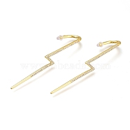 Brass Micro Pave Cubic Zirconia Ear Wrap Crawler Hook Earrings, with Ear Nuts, Lightning Bolt, Clear, Real 18K Gold Plated, 64~65x7.5mm, Pin: 1.8mm(X-EJEW-O097-04G-01)