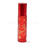 Glass Roller Bottles, with Lid and Glass Roller Balls, Refillable Bottles, Column with Fortune Cat Pattern & Chinese Character, Red, 2x8.6cm, Hole: 9.5mm, Capacity: 10ml(0.34fl. oz)(MRMJ-M002-04A-06)