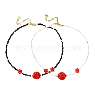 2Pcs 2 Colors Glass Seed Beaded Necklace Sets, Red Rose Flower Resin Necklaces for Women, Mixed Color, 16.14 inch(41cm), 1pc/color(NJEW-MZ00053)