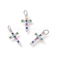 Brass Micro Pave Cubic Zirconia Pendants, Cross, Colorful, Platinum, 16x9x2mm, Hole: 3mm(ZIRC-F106-01P)