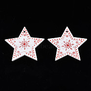Christmas Theme Spray Painted Wood Pendants, Single-Sided Printed, Star with Snowflake, White, 47x49x2.5mm, Hole: 2mm(WOOD-N005-49A)