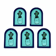 Printed Acrylic Pendants, with Glitter Powder, Half Oval with Cactus, Turquoise, 40x25.5x2.5mm, Hole: 1.5mm(KY-S163-345)