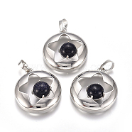 Synthetic Blue Goldstone Pendants, with Platinum Tone Brass Findings, Flat Round with Star, 31.5x28x10.5mm, Hole: 4.5x7.5mm(G-L512-S08)