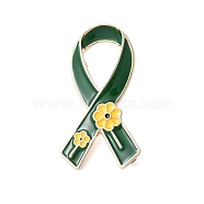 Awareness Ribbon with Flower Enamel Pins, Alloy Brooches for The Disabled, Green, 44x23mm(JEWB-H030-01KCG-04)