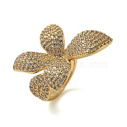 Rack Plating Flower Brass Micro Pave Clear Cubic Zirconia Cuff Rings for Women, Long-Lasting Plated, Real 18K Gold Plated, Inner Diameter: 19mm(RJEW-H235-04G)