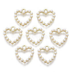 Alloy Charms, with ABS Plastic Imitation Pearl, Heart, White, Light Gold, 13x12.5x2.5mm, Hole: 1.4mm(X-PALLOY-R116-07)