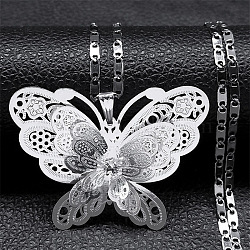 304 Stainless Steel Crystal Rhinestone 3D Hollow Butterfly Pendant Necklaces for Women, Stainless Steel Color, 23.82 inch(60.5cm)(NJEW-K283-30P)