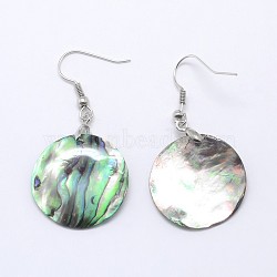 Abalone Shell Flat Round Dangle Earrings, with Platinum Plated Brass Ear Hooks, 47mm, Pin: 0.8mm(EJEW-E145-14)