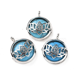 Synthetic Turquoise Locket Pendants, Flat Round Charms, with Platinum Plated Brass Lotus Findings, 31.5x27x9mm, Hole: 4.6mm(G-G982-01P-23)