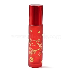 Glass Roller Bottles, with Lid and Glass Roller Balls, Refillable Bottles, Column with Fortune Cat Pattern & Chinese Character, Red, 2x8.6cm, Hole: 9.5mm, Capacity: 10ml(0.34fl. oz)(MRMJ-M002-04A-06)