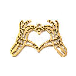 304 Stainless Steel Pendants, Laser Cut, Heart with Hand Charm, Real 18K Gold Plated, 24x35x1.5mm, Hole: 1.8mm(STAS-P342-03G)