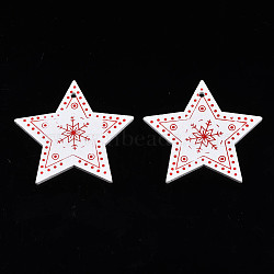 Christmas Theme Spray Painted Wood Pendants, Single-Sided Printed, Star with Snowflake, White, 47x49x2.5mm, Hole: 2mm(WOOD-N005-49A)