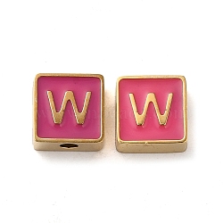 304 Stainless Steel Enamel Beads, Real 14K Gold Plated, Square with Letter, Letter W, 8x8x4mm, Hole: 2mm(STAS-L022-293G-W)
