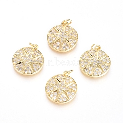 Brass Micro Pave Cubic Zirconia Pendants, with Jump Ring, Long-Lasting Plated, Flat Round with Star, Clear, Real 18K Gold Plated, 19.5x16.5x3mm, Hole: 3.5mm(ZIRC-G166-27G)