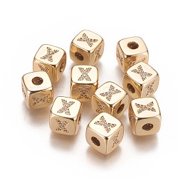 Brass Micro Pave Cubic Zirconia Beads, Horizontal Hole, Real 18K Gold Plated, Long-Lasting Plated, Cube with Letter, Clear, Letter.X, 9x9x9mm, Hole: 3.5mm(KK-K238-16G-X)