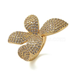 Rack Plating Flower Brass Micro Pave Clear Cubic Zirconia Cuff Rings for Women, Long-Lasting Plated, Real 18K Gold Plated, Inner Diameter: 19mm(RJEW-H235-04G)