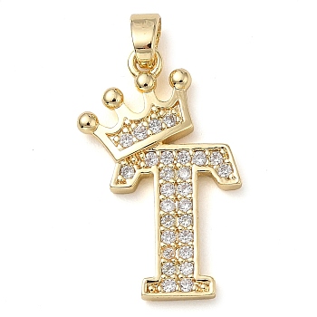 Rack Plating Brass Micro Pave Cubic Zirconia Pendants, Long-Lasting Plated, Lead Free & Cadmium Free, Real 18K Gold Plated, Letter T, 22~24x12~22x2mm, Hole: 3x4mm