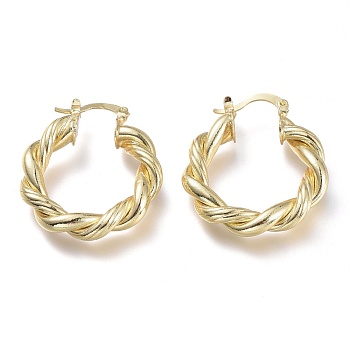 Brass Hoop Earrings, with 304 Stainless Steel Pins, Twisted Ring Shape, Real 18K Gold Plated, 31x27x5mm, Pin: 0.7x2mm