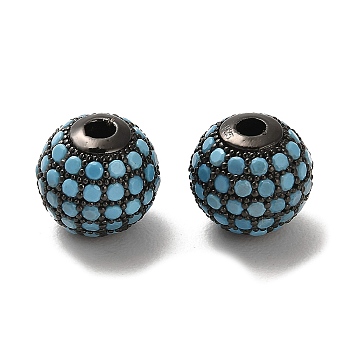 925 Sterling Silver Micro Pave Cubic Zirconia Beads, Round, Gunmetal, Deep Sky Blue, 10x9mm, Hole: 2.2mm