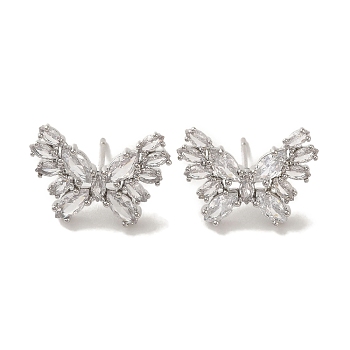 Rack Plating Brass Micro Pave Cubic Zirconia Studs Earrings, Long-Lasting Plated, Lead Free & Cadmium Free, Butterfly, Platinum, 14x19mm
