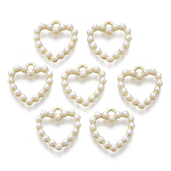 Alloy Charms, with ABS Plastic Imitation Pearl, Heart, White, Light Gold, 13x12.5x2.5mm, Hole: 1.4mm