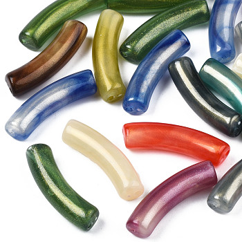 Opaque Acrylic Beads, Two Tone Color, with Glitter Powder, Curved Tube, Mixed Color, 32x10x8mm, Hole: 1.8mm