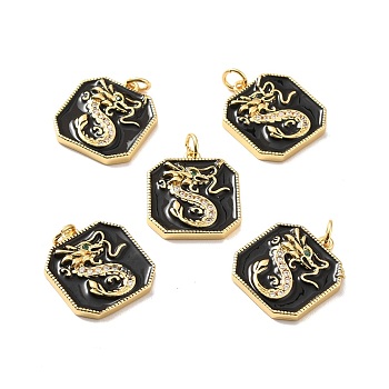 Rack Plating Brass Micro Pave Cubic Zirconia Pendants, Cadmium Free & Lead Free & Nickle Free, with Enamel and Jump Ring, Real 18K Gold Plated, Rectangle with Dragon, Black, 19x16.5x3mm, Jump Ring: 5x0.6mm, Inner Diameter: 3.5mm