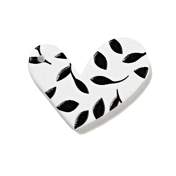 Printed Acrylic Pendants, Heart with Leaf Pattern, Black, 22x30x2mm, Hole: 1.5mm